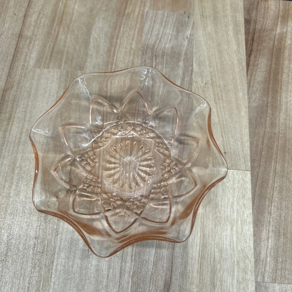 VTG Pink 5 Inch Glass Bowl. Hand Cut Base With Smooth Fluted Edges. Mint.